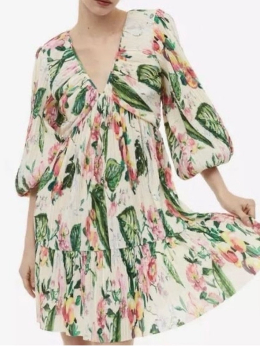 H&M Floral V-Neck Tiered Floral  Midi Dress  Empire Waist Plisse Pleated nwt XL